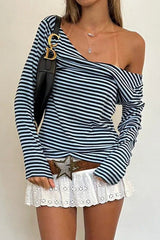 Color Block Striped V Neck Loose Knit Long Sleeve Blouse