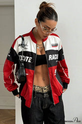 Biker Zip Letter Contrast Long Sleeve Coat