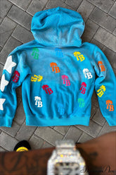Foam Letter Print Hip-Hop Zip Hoodie