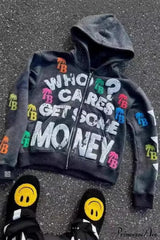 Foam Letter Print Hip-Hop Zip Hoodie