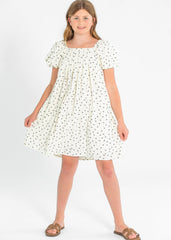 Girl's Ditsy Bow Print Box Pleated Puff Sleeve Dress