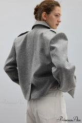 Oversized Notch Lapel Epaulette Woolen Blazer