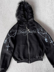 Printed Zipper Detachable Fur Hoodie