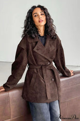 Retro Brown Suede Jacket Tied Coat