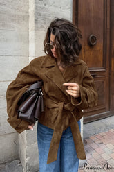 Suede Belted Blazer Collar Elegant Coat