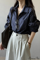 Vertical Stripe Long-Sleeve Cotton Loose Blouse