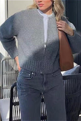 Crew-Neck Long-Sleeve Zip Solid Knit Cardigan