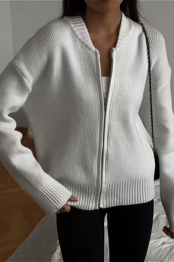 Crew-Neck Long-Sleeve Zip Solid Knit Cardigan