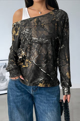 Patchwork Layered Asymmetrical Shoulder Long Sleeve Tee