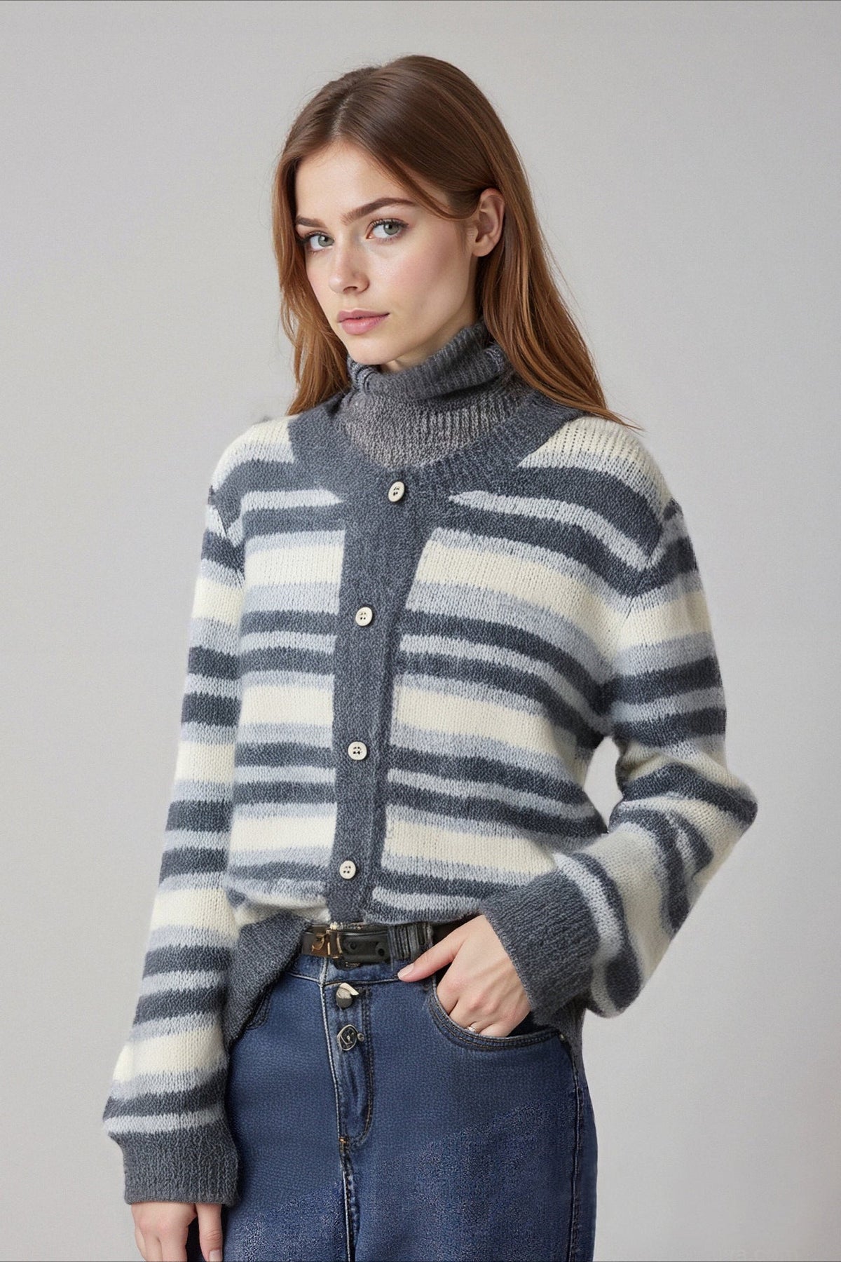 Retro Stripe Color Block Loose Slim Crew Neck Knit Cardigan