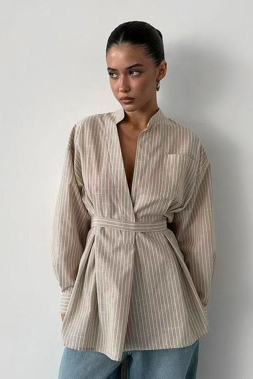 Striped V Neck Irregular Tie Waist Long Sleeve Blouse