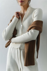Knit Double Zipper Stand Collar  Blouse