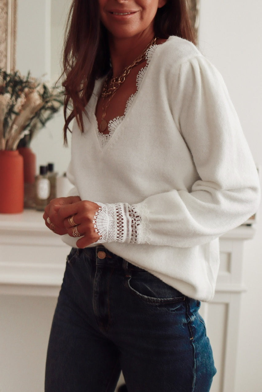 Lace Panel Pullover Long Sleeve Blouse