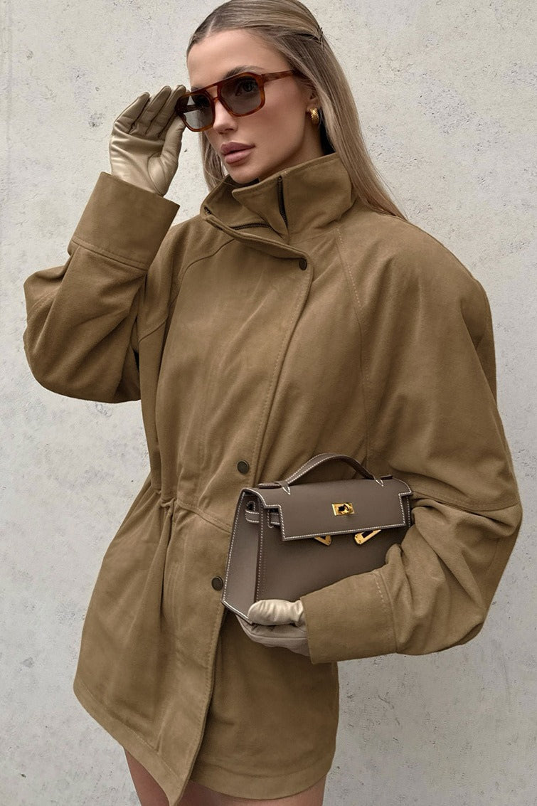 High Neck Cinched Waist Suede Jacket