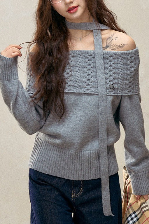 Off-the-shoulder Fitted Cable Knit Blouse
