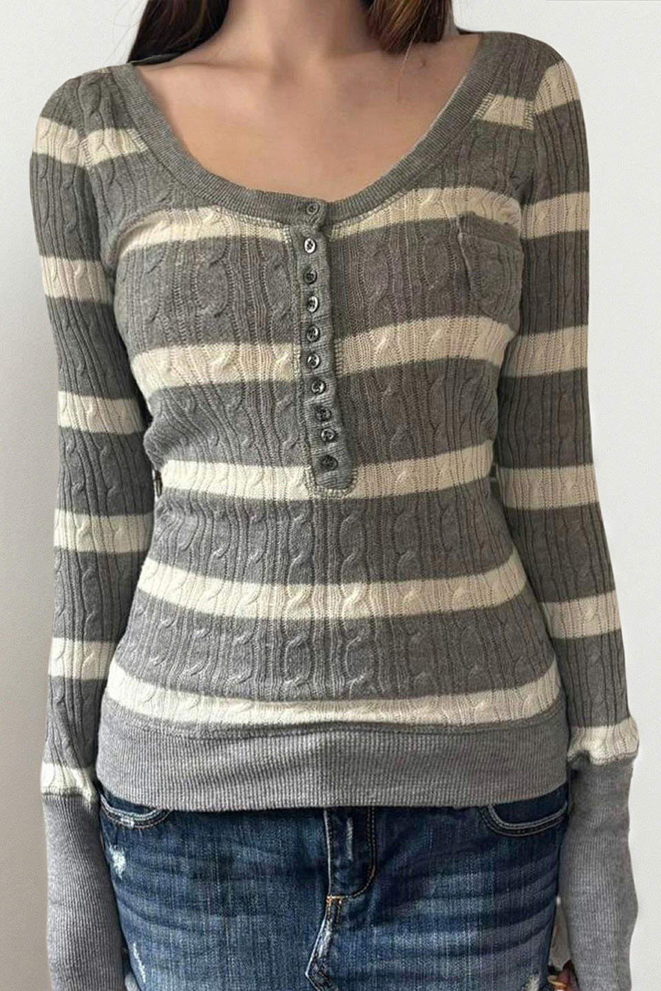 Cable Knit Striped Square Neck Sweet Knit Sweater