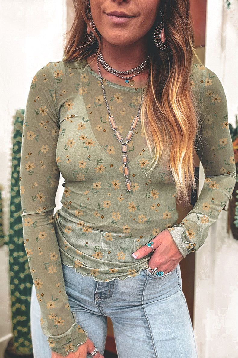Slim Fit Floral Long Sleeve Pullover Blouse