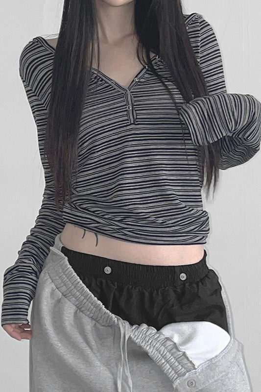Hooded Striped Color Block Button V Neck Long Sleeve Blouse