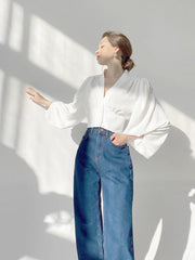 Vintage Lantern Sleeve V-Neck Slim Fit Blouse