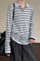 Soft Wool Striped Polo Collar Long Sleeve Long Sleeve Tee