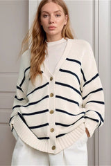 Striped Cotton V Neck Knit Cardigan