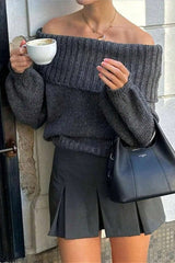 Vintage Off-Shoulder Fitted Long Sleeve Sweater