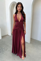 Ginevra Ruched Halter Maxi Dress - Burgundy