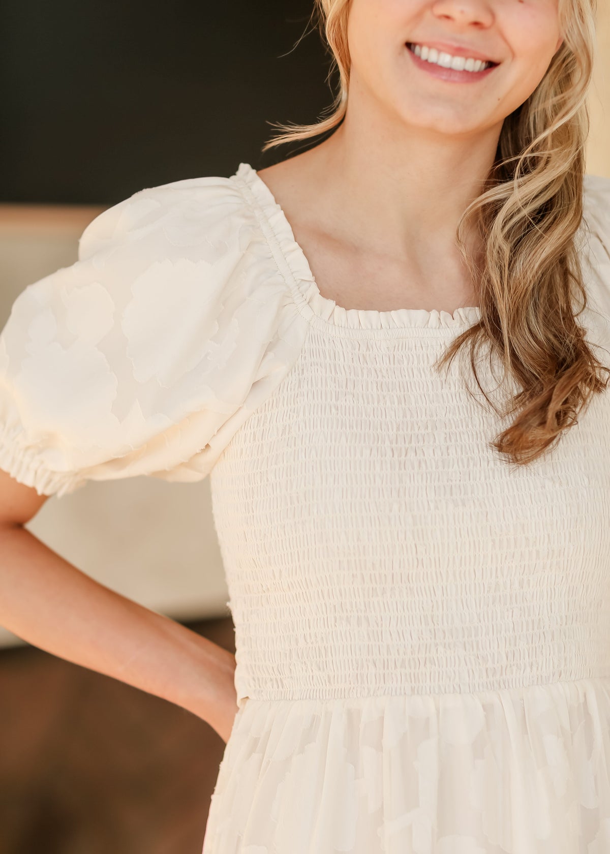 Smocked Bodice Short Sleeve Floral Applique Dress - FINAL SALE