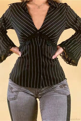 Vintage Striped Lace Contrast Blouse