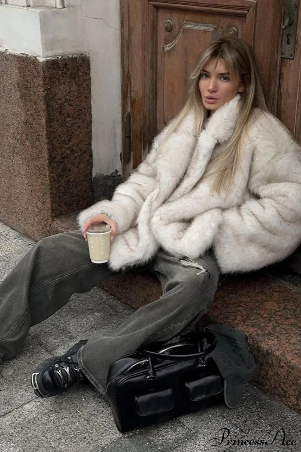 White Tip-Dyed Faux Fox Fur Mid-Length Coat